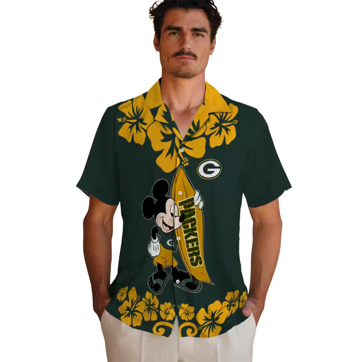 Unisex Green Bay Packers Surfing Mickey Mouse Hibiscus Floral Hawaiian Button-Down Shirt