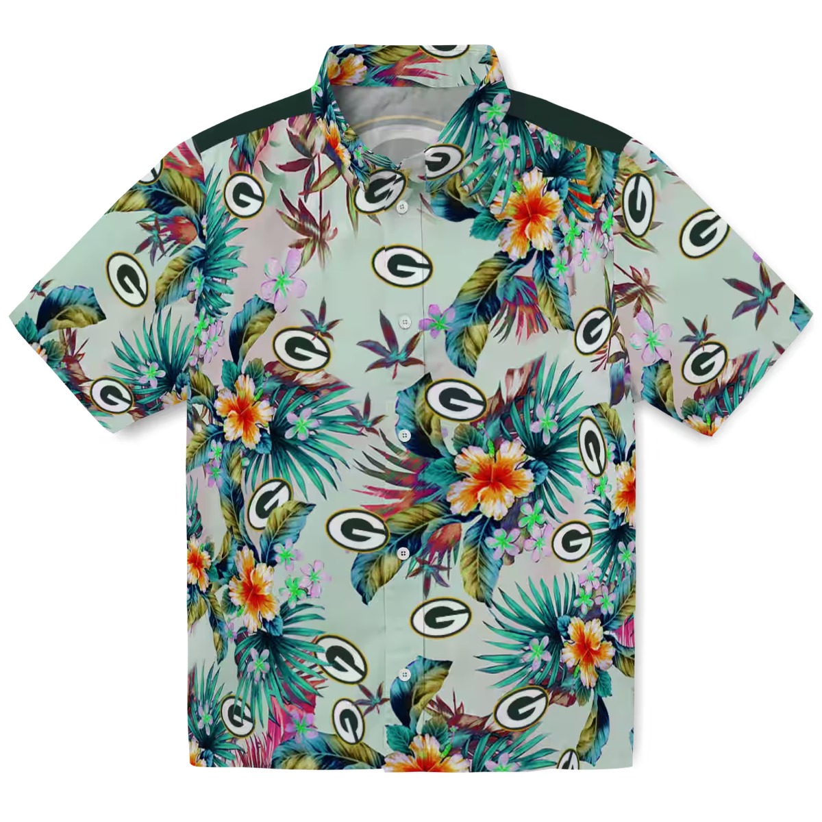 Unisex Green Bay Packers Tropical Floral Foliage Print Casual Hawaiian Button-Down Shirt