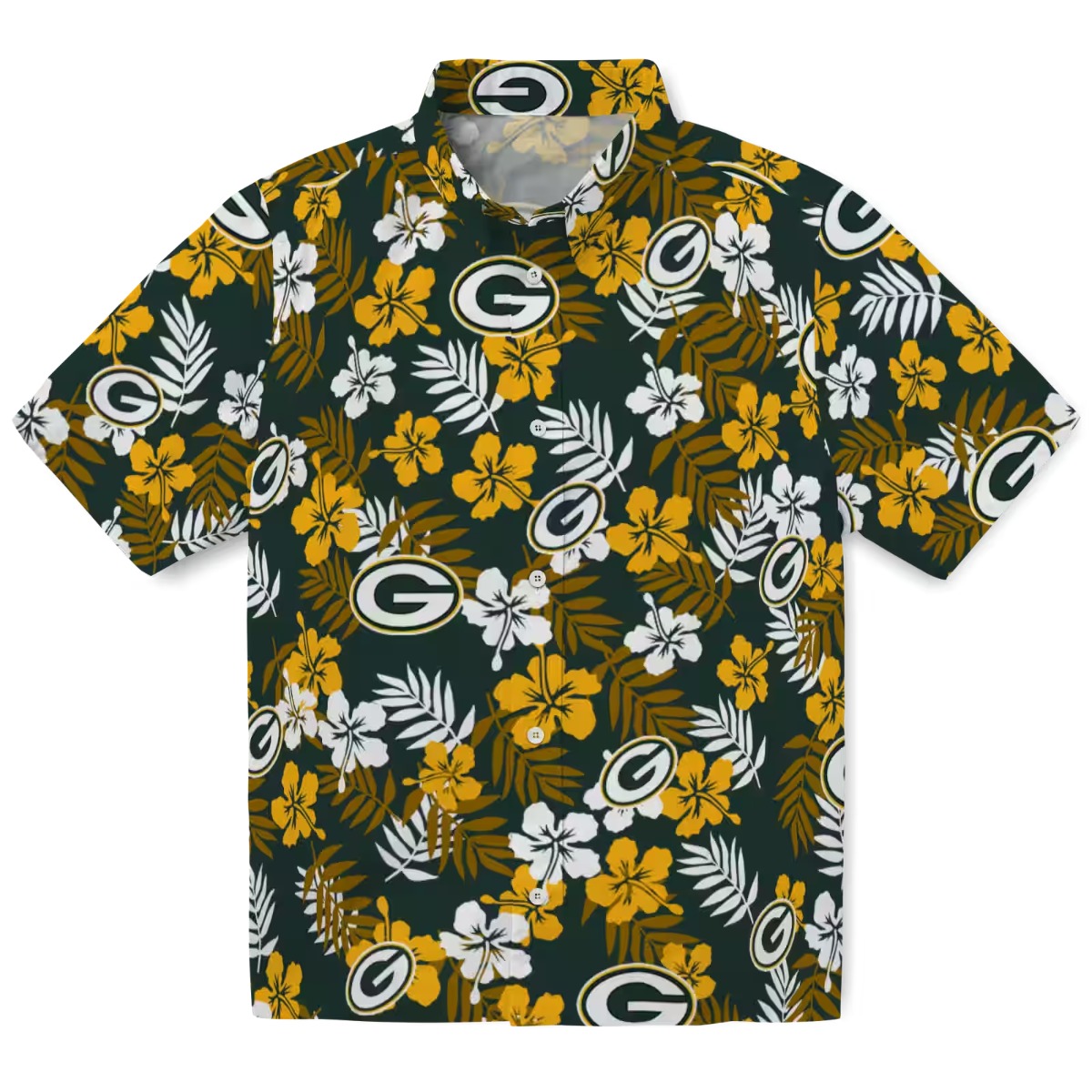 Unisex Green Bay Packers Tropical Floral Hawaiian Button-Down Shirt with Team Logo