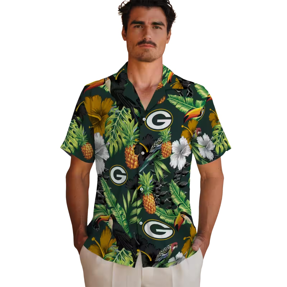 Unisex Green Bay Packers Tropical Hawaiian Shirt - Dark Green Button-Down with Toucan, Pineapple, Hibiscus Print