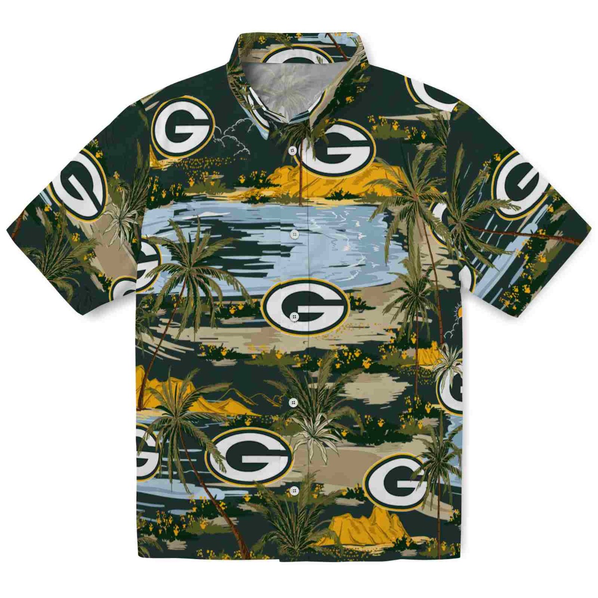 Unisex Green Bay Packers Tropical Hawaiian Shirt Palm Tree Landscape Print Button-Down