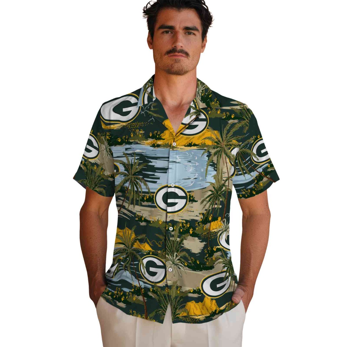 Unisex Green Bay Packers Tropical Hawaiian Shirt Palm Tree Landscape Print Button-Down