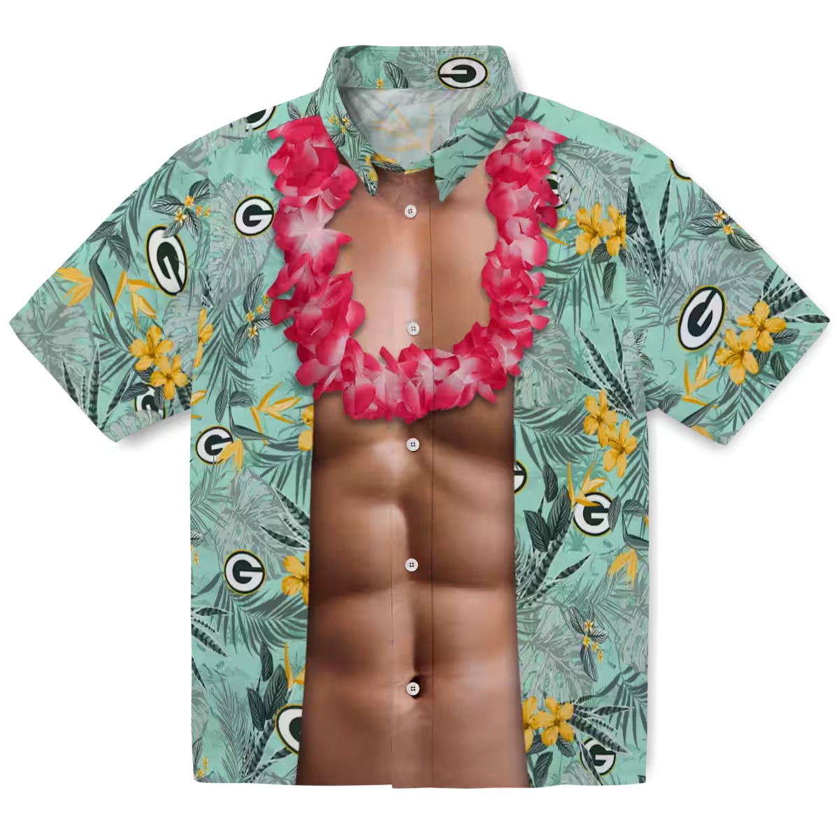 Unisex Green Bay Packers Tropical Hawaiian Shirt with Abs Chest Illusion and Lei Print Casual Button-Down