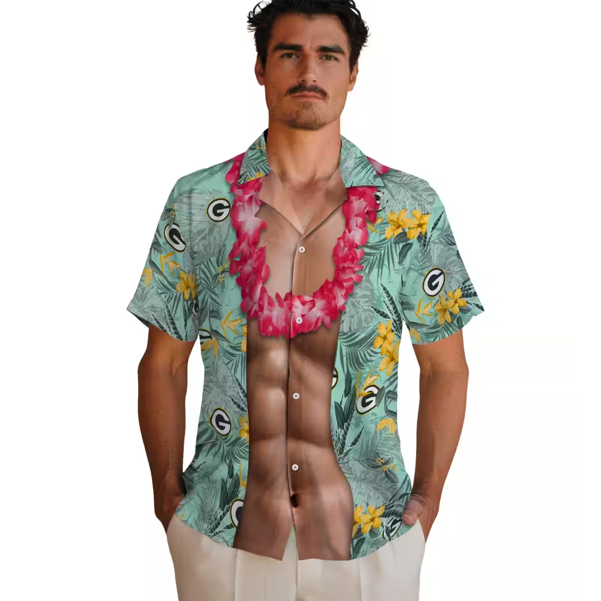 Unisex Green Bay Packers Tropical Hawaiian Shirt with Abs Chest Illusion and Lei Print Casual Button-Down