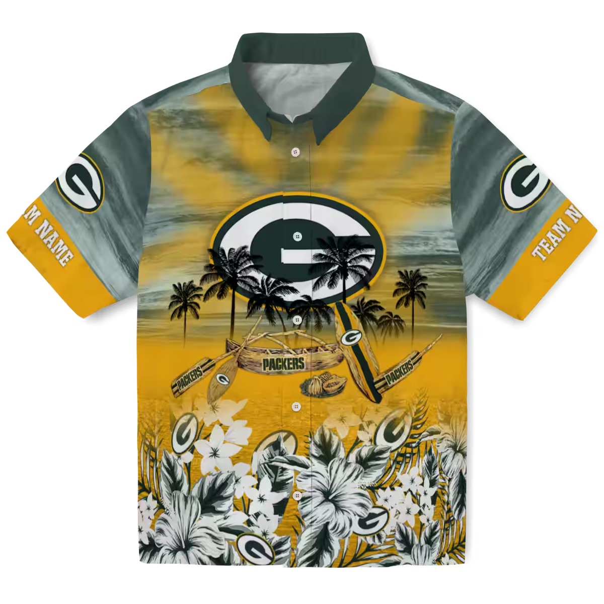 Unisex Green Bay Packers Tropical Hawaiian Shirt with Beach Scene, Palm Trees, Canoe, Paddles Floral Print - Short Sleeve Button Down for Summer