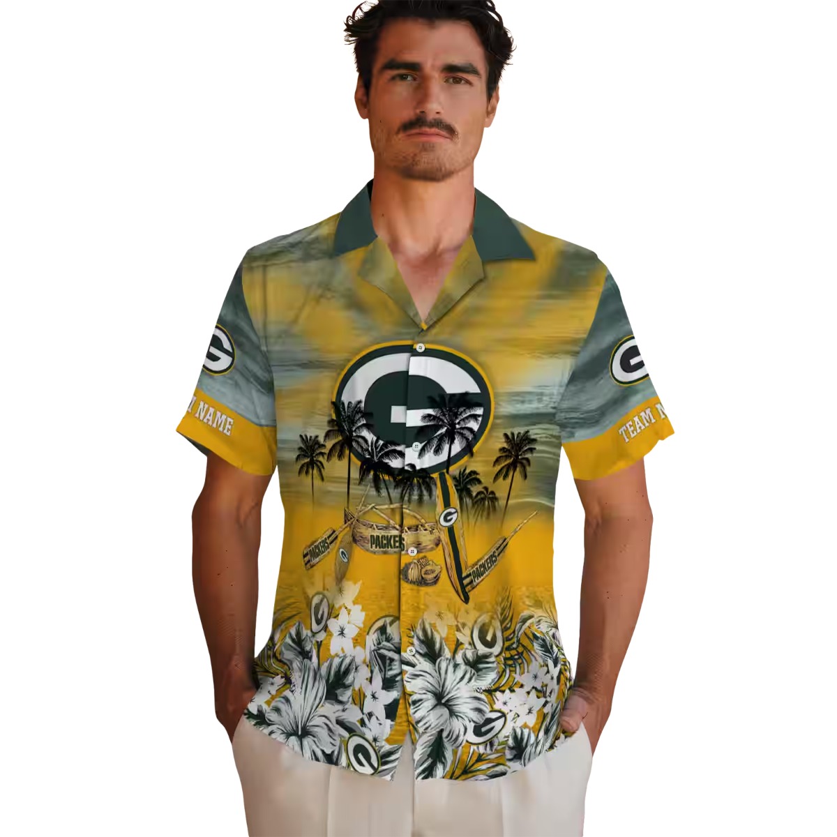 Unisex Green Bay Packers Tropical Hawaiian Shirt with Beach Scene, Palm Trees, Canoe, Paddles Floral Print - Short Sleeve Button Down for Summer