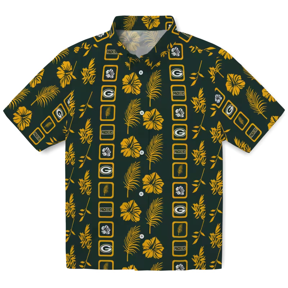 Unisex Green Bay Packers Tropical Hawaiian Shirt with Framed Logo and Floral Palm Pattern - Casual Button-Down