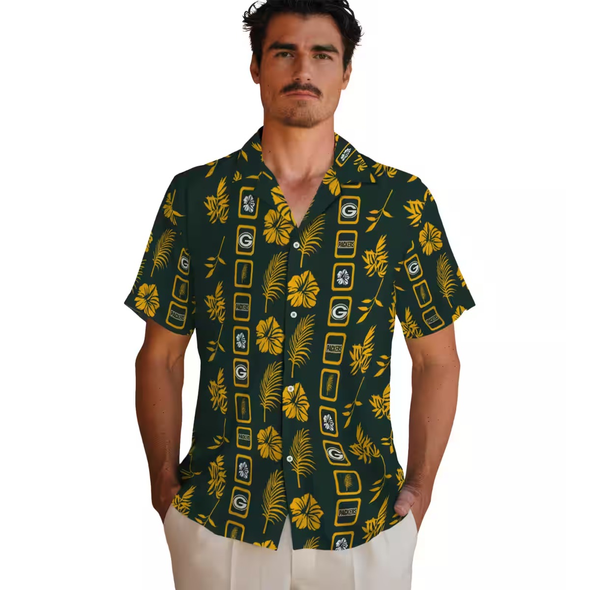 Unisex Green Bay Packers Tropical Hawaiian Shirt with Framed Logo and Floral Palm Pattern - Casual Button-Down