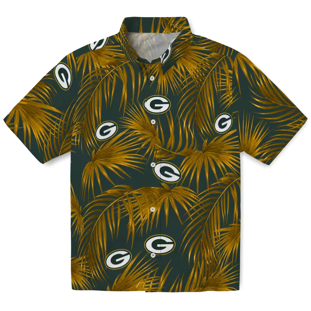 Unisex Green Bay Packers Tropical Hawaiian Shirt with Golden Palm Leaf Pattern - Dark Green Button-Down