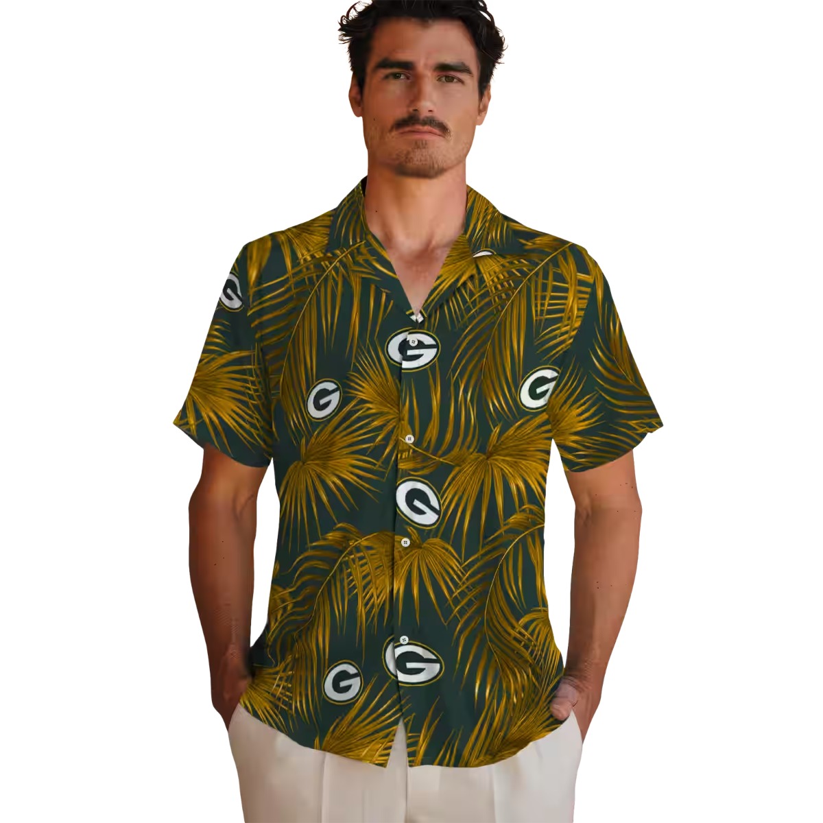 Unisex Green Bay Packers Tropical Hawaiian Shirt with Golden Palm Leaf Pattern - Dark Green Button-Down