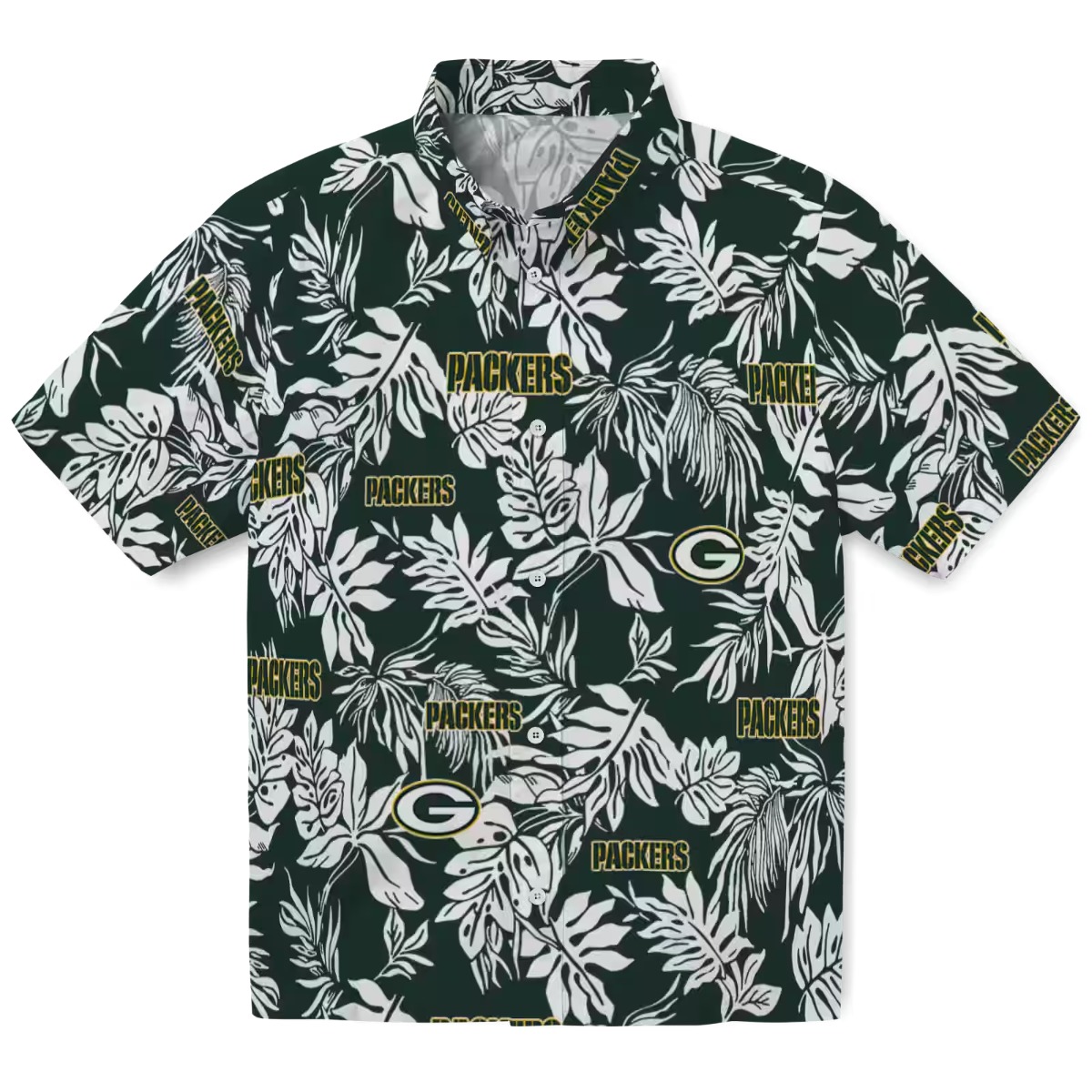 Unisex Green Bay Packers Tropical Leaf Hawaiian Shirt - Green White Casual Button-Down Fanwear