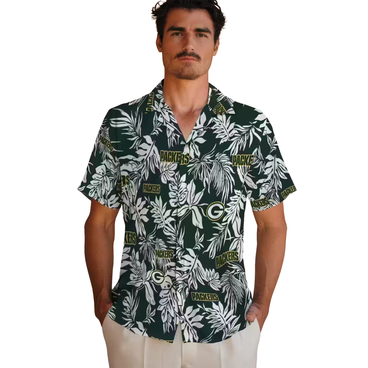 Unisex Green Bay Packers Tropical Leaf Hawaiian Shirt - Green White Casual Button-Down Fanwear