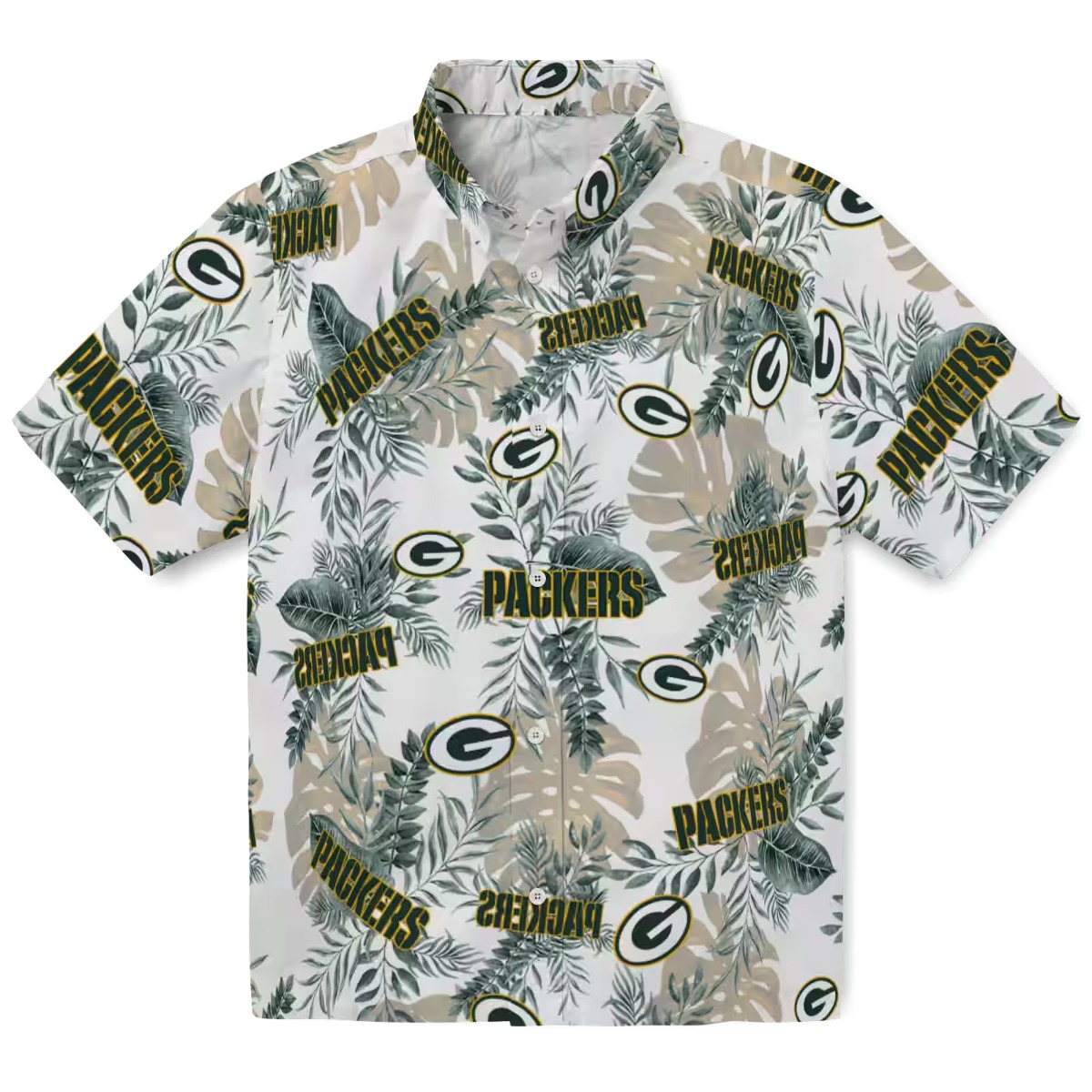 Unisex Green Bay Packers Tropical Leaves and Logo Print Hawaiian Button-Down Shirt - Casual Fanwear