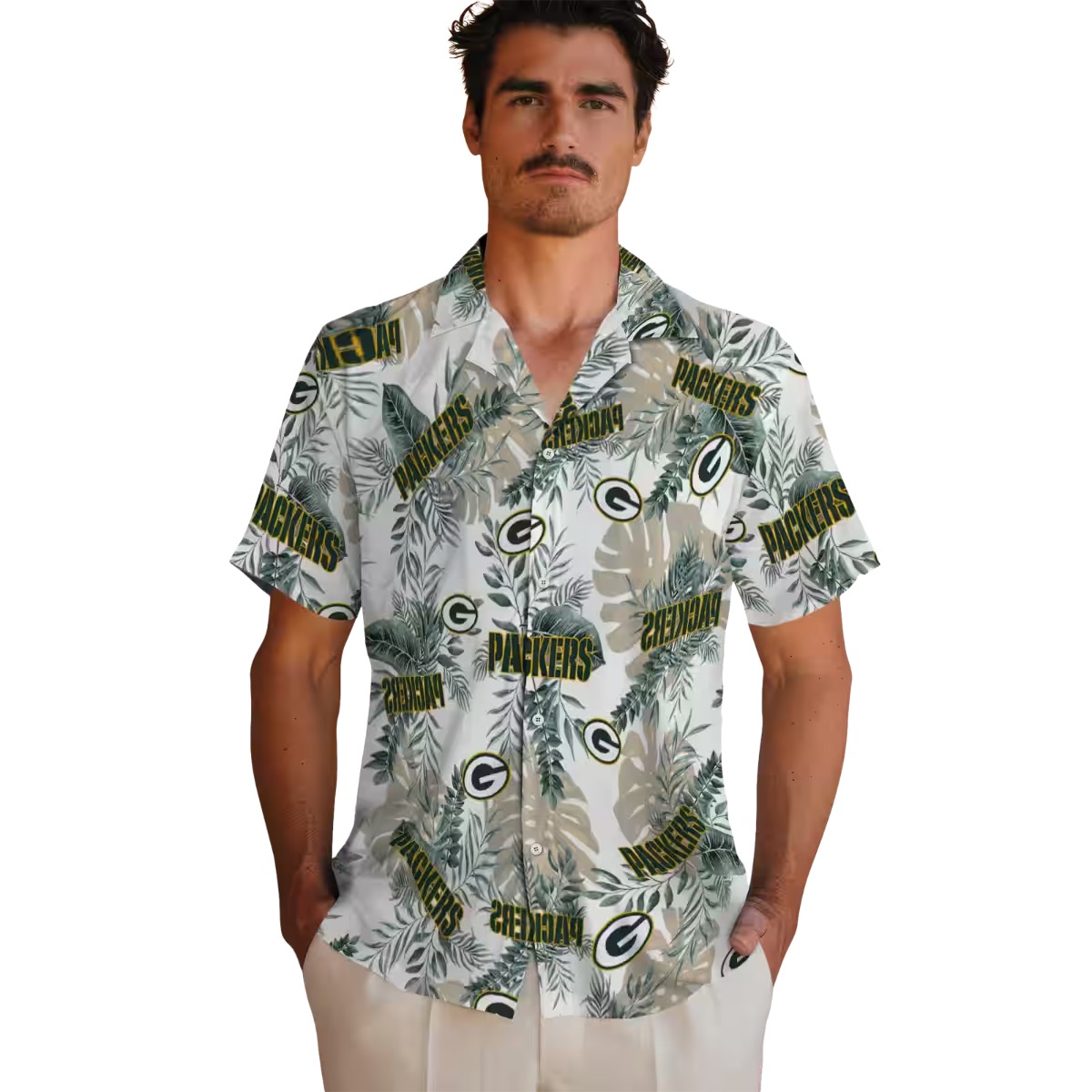 Unisex Green Bay Packers Tropical Leaves and Logo Print Hawaiian Button-Down Shirt - Casual Fanwear