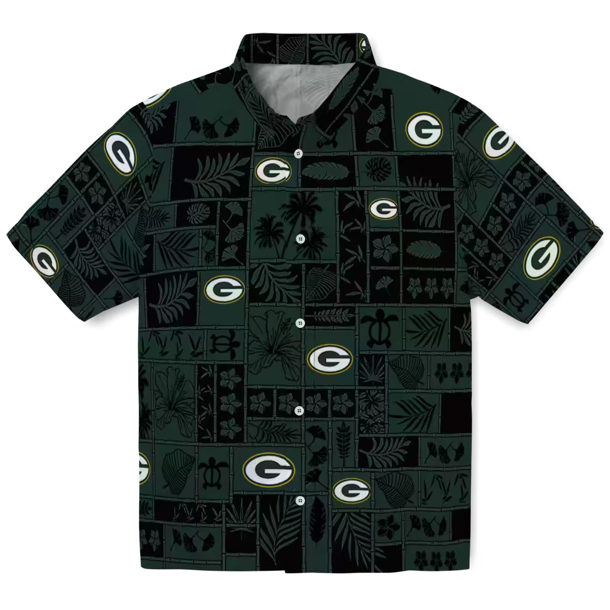 Unisex Green Bay Packers Tropical Patchwork Hawaiian Short Sleeve Button-Down Shirt