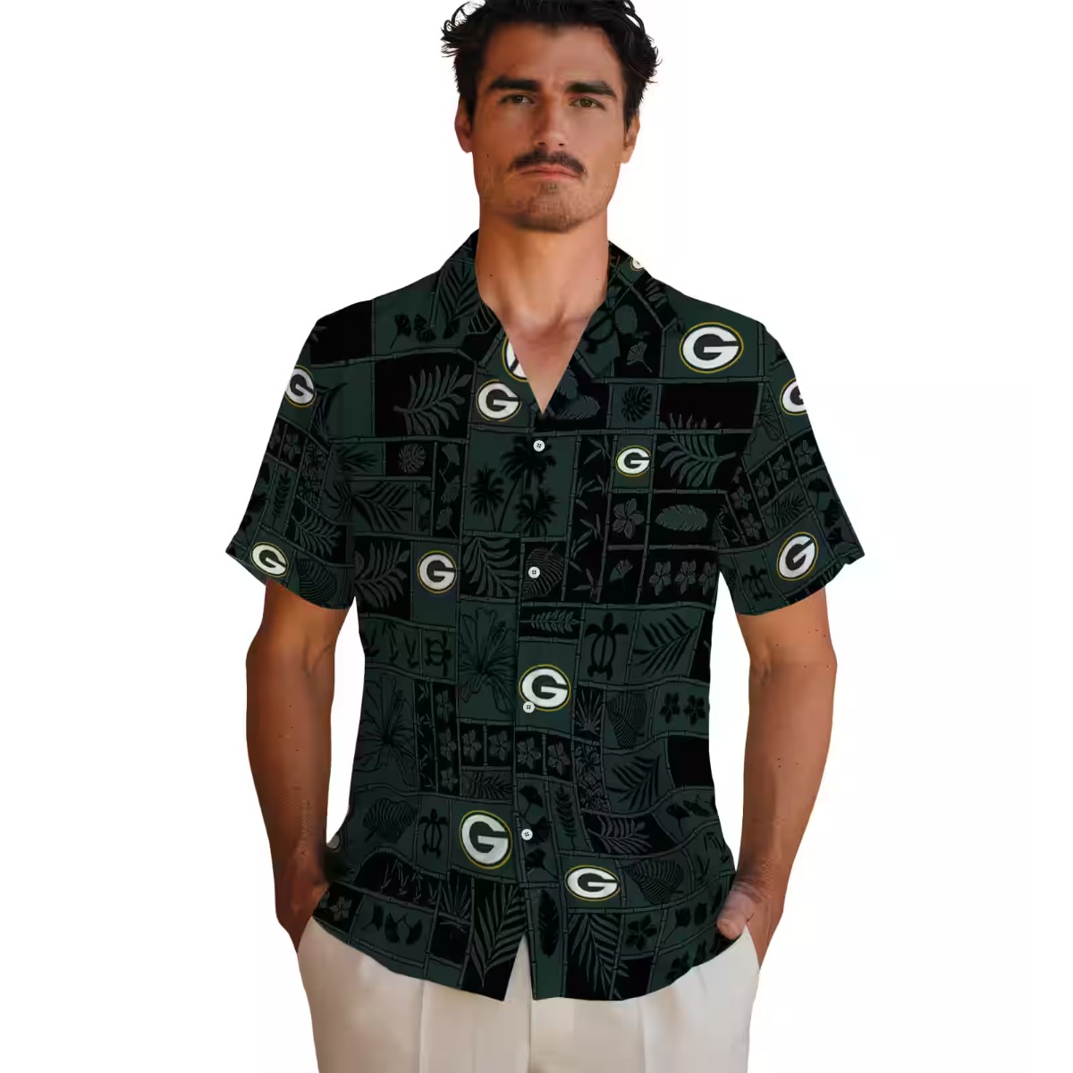 Unisex Green Bay Packers Tropical Patchwork Hawaiian Short Sleeve Button-Down Shirt
