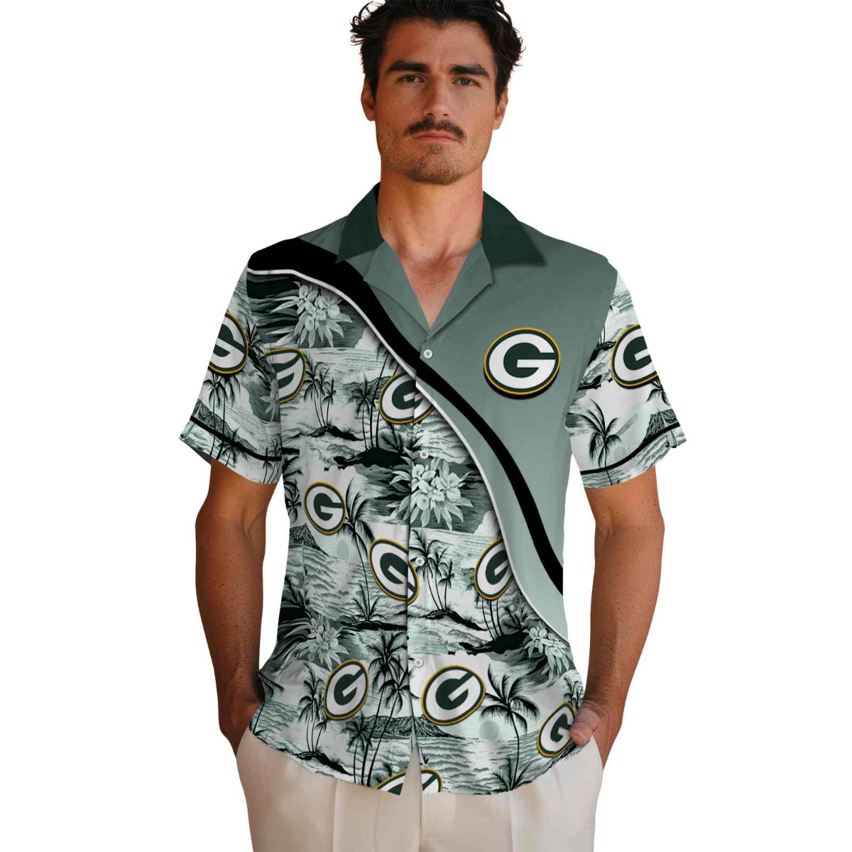 Unisex Green Bay Packers Tropical Sunset Palms Hawaiian Button-Down Shirt