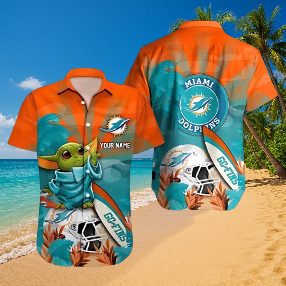 Unisex Hawaiian Shirt featuring The Child Grogu and Miami Dolphins Logo Tropical Print - Beach Button Down