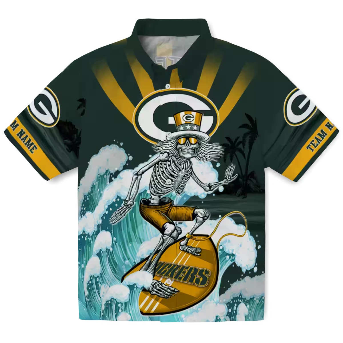 Unisex Hawaiian Shirt Green Bay Packers Surfing Skeleton Grateful Dead Graphic Tropical Beach Casual Button-Down Shirt