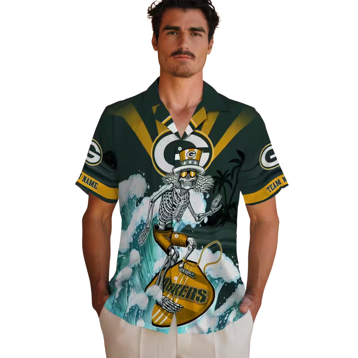 Unisex Hawaiian Shirt Green Bay Packers Surfing Skeleton Grateful Dead Graphic Tropical Beach Casual Button-Down Shirt
