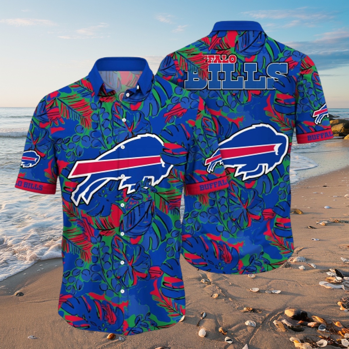 Unisex Hawaiian Shirt with Buffalo Bills Logo and Tropical Floral Pattern - Blue Red Green Casual Holiday Button-Down