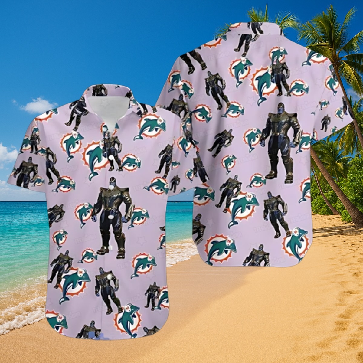 Unisex Hawaiian Shirt with Thanos and Miami Dolphins Logo All-Over Print Casual Button Down