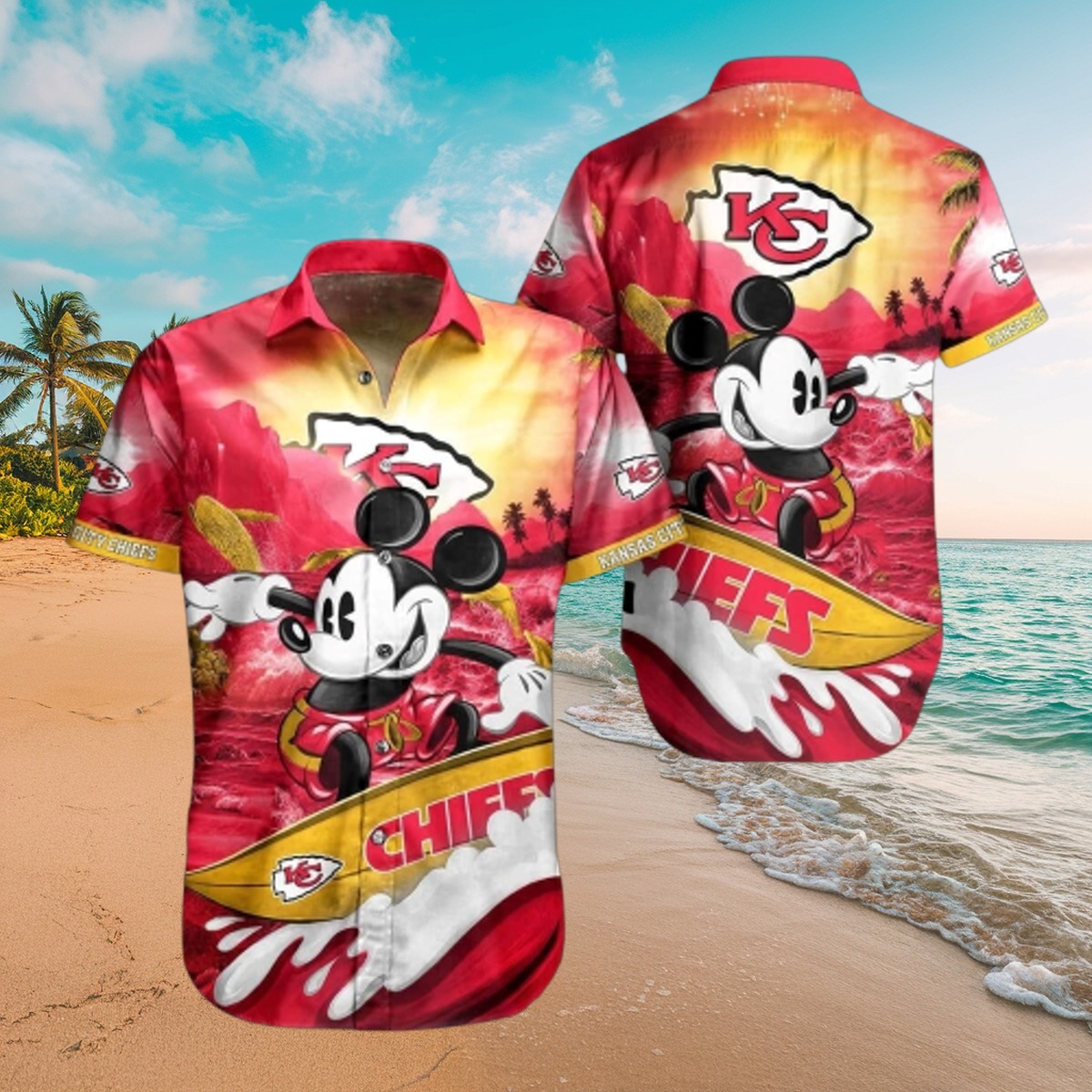 Unisex Kansas City Chiefs Hawaiian Shirt with Mickey Mouse Surfing and Tropical Beach Print - Red Button-Down
