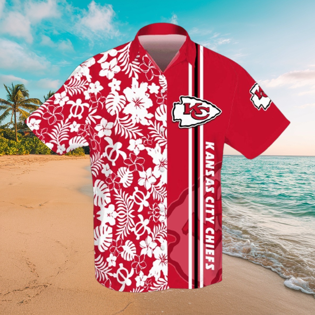 Unisex Kansas City Chiefs Red White Tropical Floral Turtle Split Design Hawaiian Button-Down Shirt