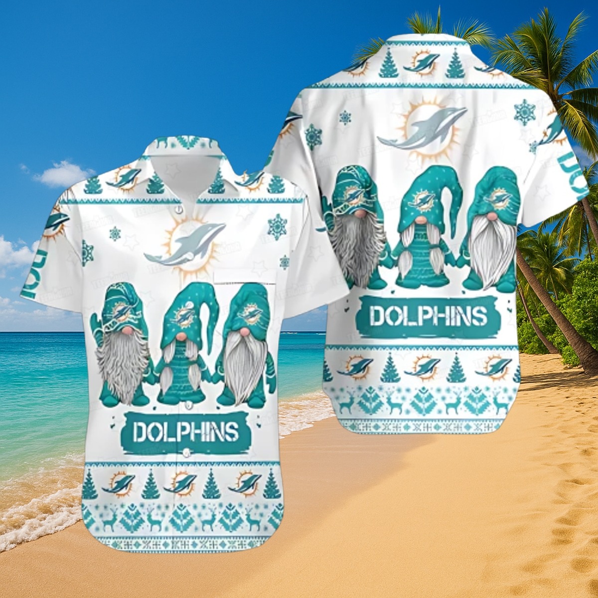 Unisex Miami Dolphins Gnome Squad Christmas Pattern Hawaiian Shirt Button-Down