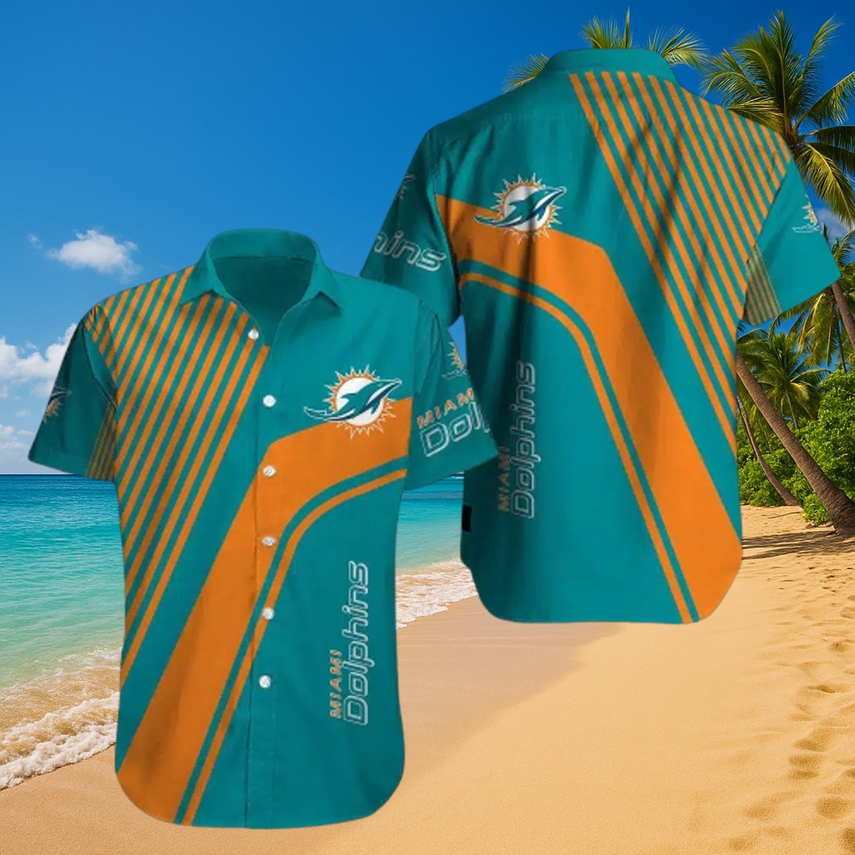 Unisex Miami Dolphins Hawaiian Button-Down Shirt - Aqua Surge Teal Orange Diagonal Pattern