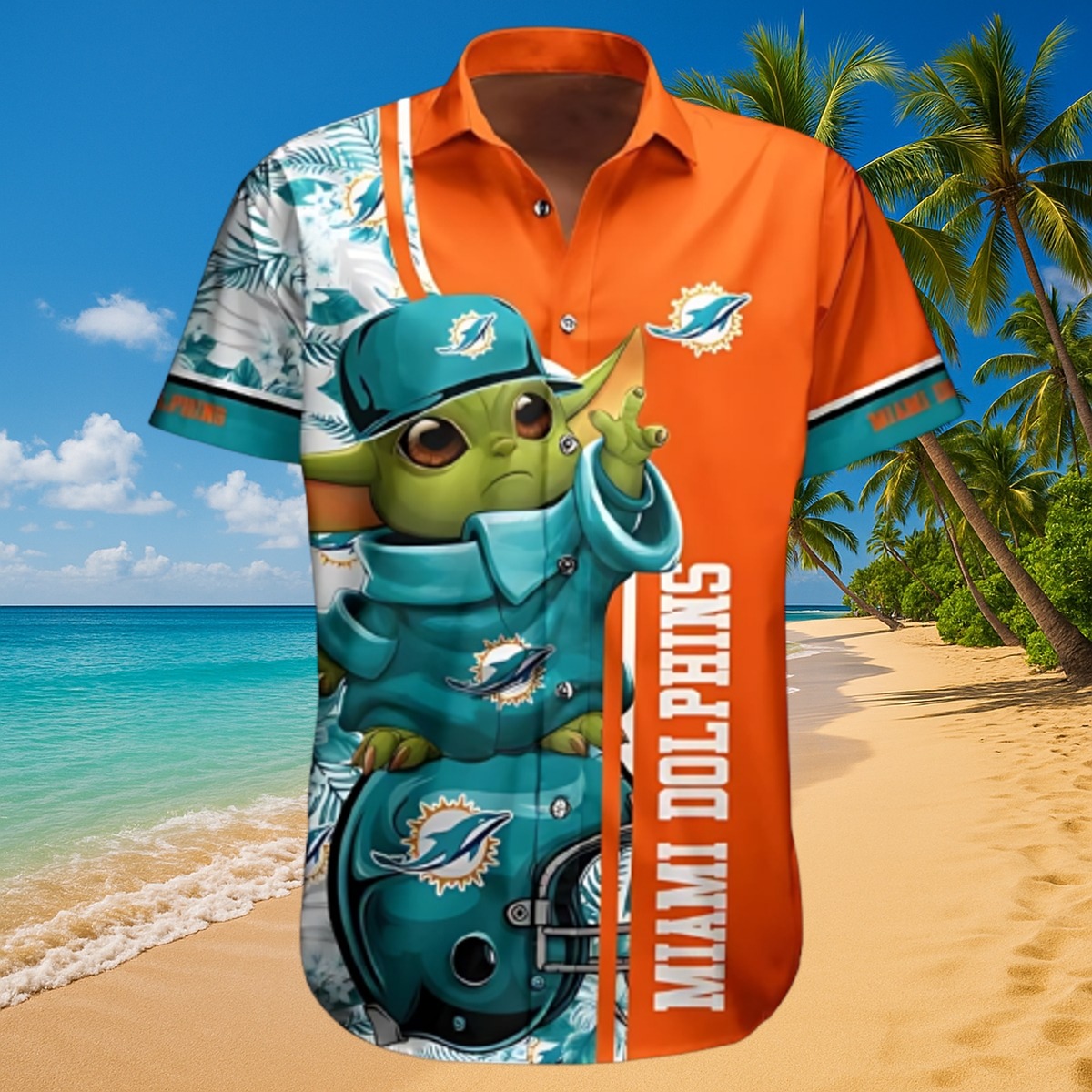 Unisex Miami Dolphins Hawaiian Shirt featuring Grogu (Baby Yoda) Character, Tropical Print Team Logo - Casual Button-Down Fanwear