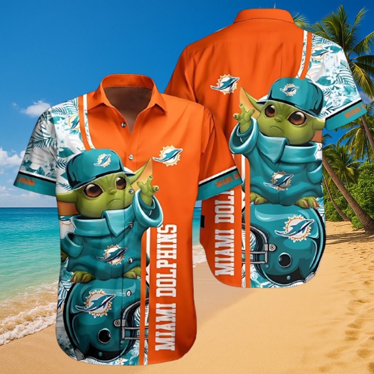 Unisex Miami Dolphins Hawaiian Shirt featuring Grogu (Baby Yoda) Character, Tropical Print Team Logo - Casual Button-Down Fanwear