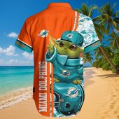 Unisex Miami Dolphins Hawaiian Shirt Featuring Grogu Baby Yoda Character Tropical Print Team Logo Casual Button Down Fanwear 3 Dg2ra.jpg - sohemix