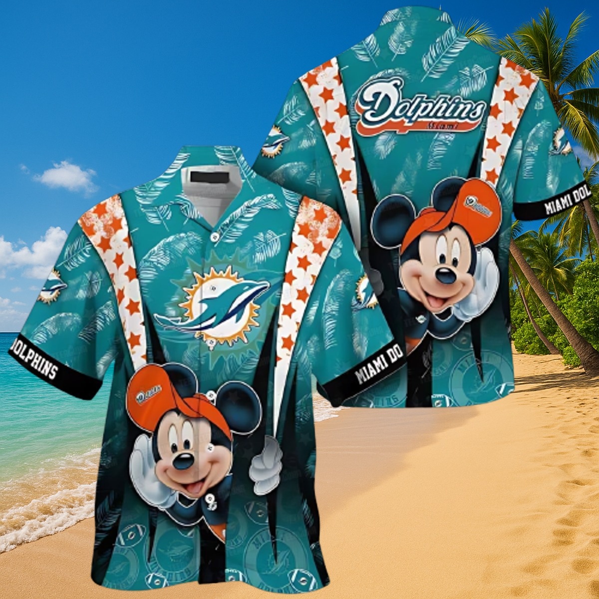 Unisex Miami Dolphins Hawaiian Shirt featuring Mickey Mouse and Tropical Leaf Print - Casual Button Down Fan Apparel