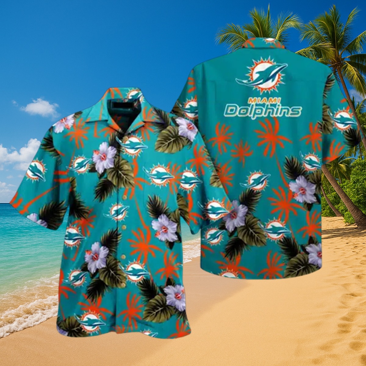 Unisex Miami Dolphins Hawaiian Shirt Tropical Floral Palm Tree Hibiscus Button-Down
