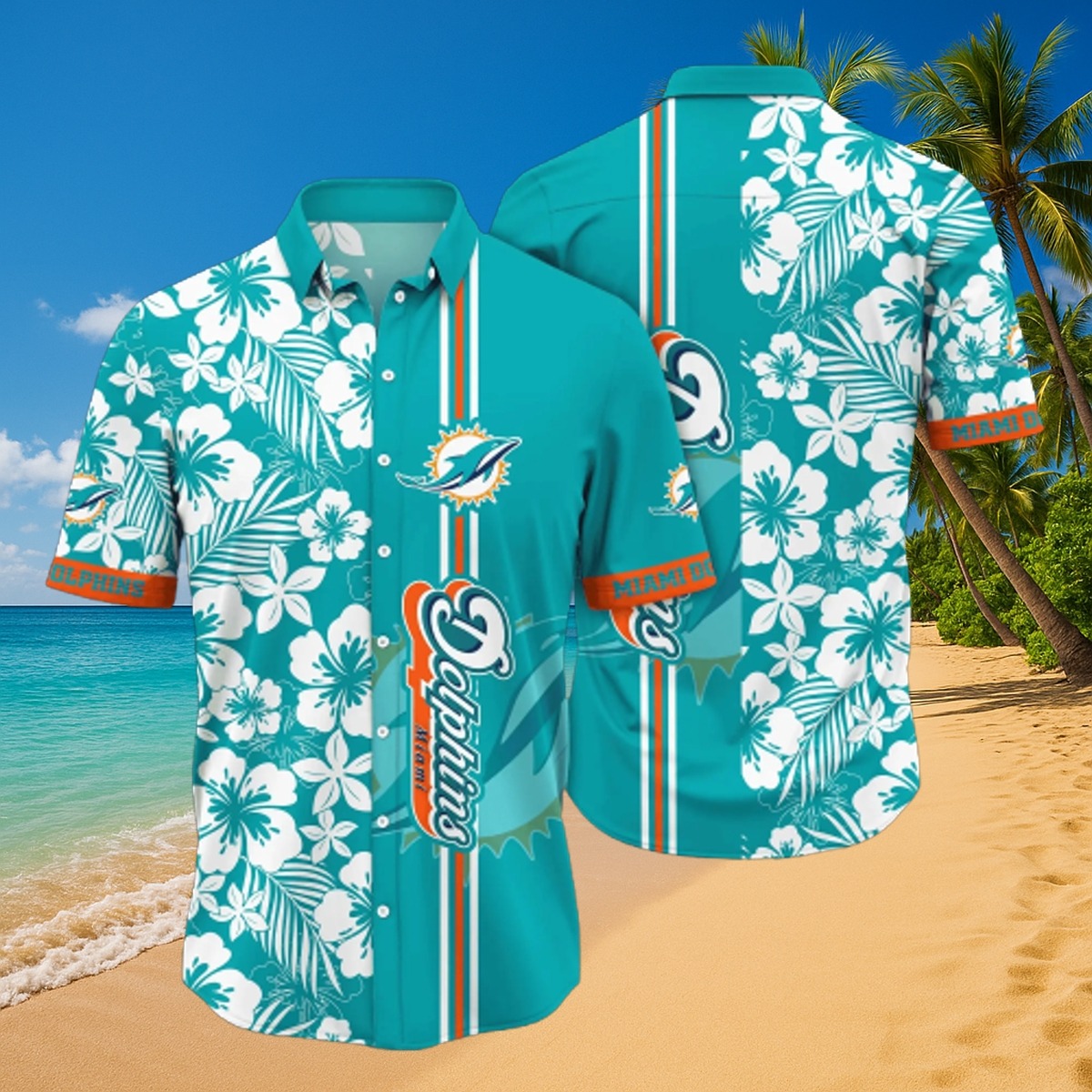 Unisex Miami Dolphins Hawaiian Shirt Tropical Hibiscus Floral Print Teal Button Down Short Sleeve
