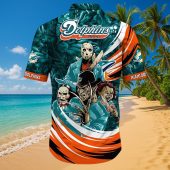 Unisex Miami Dolphins Hawaiian Shirt With Horror Movie Characters Jason Freddy Chucky Jigsaw Aqua Orange Tropical Button Down 1 7hyzb.jpg - sohemix