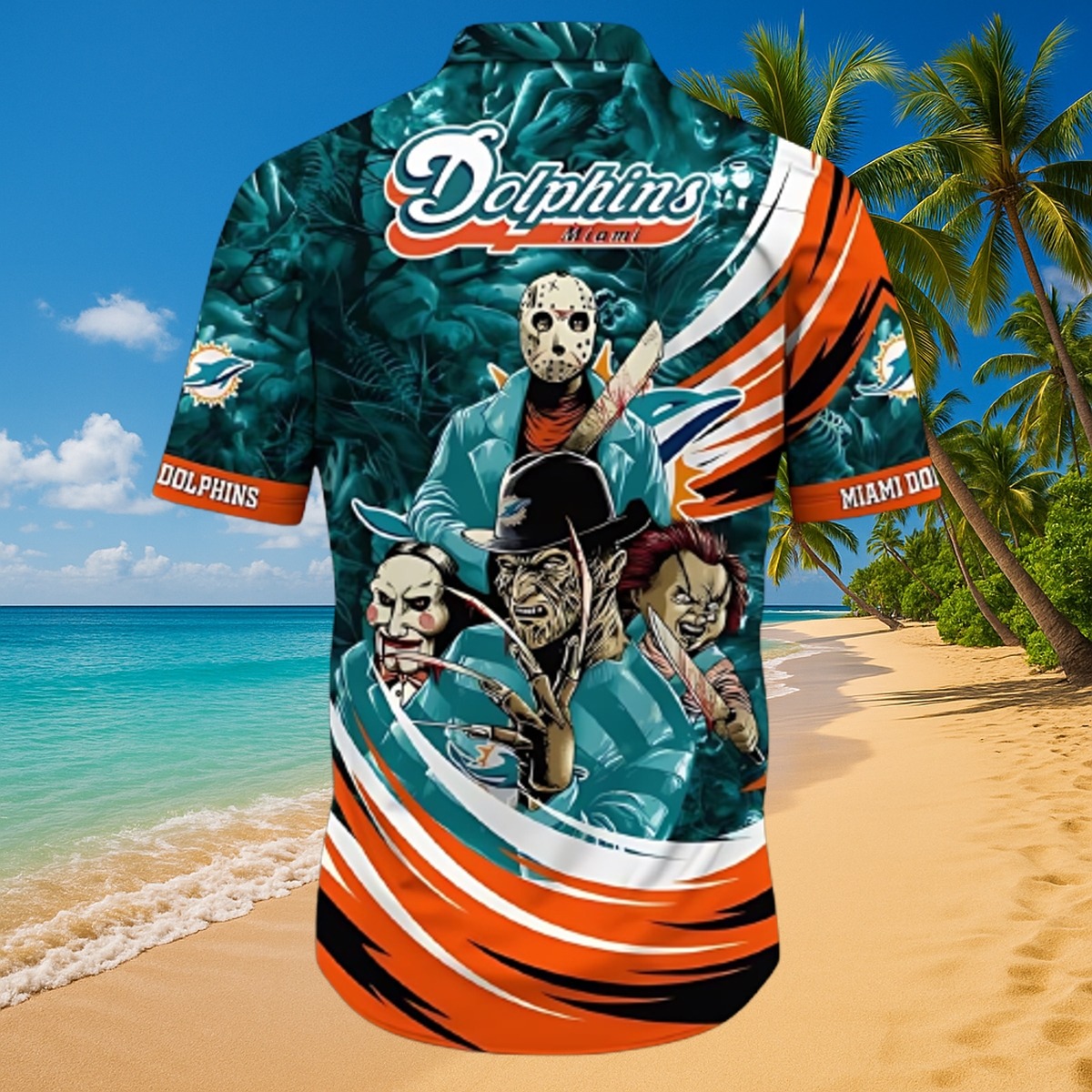 Unisex Miami Dolphins Hawaiian Shirt with Horror Movie Characters - Jason, Freddy, Chucky, Jigsaw Aqua Orange Tropical Button-Down