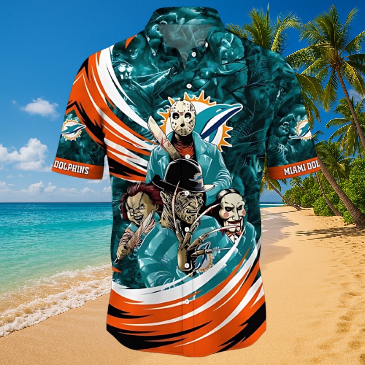 Unisex Miami Dolphins Hawaiian Shirt with Horror Movie Characters - Jason, Freddy, Chucky, Jigsaw Aqua Orange Tropical Button-Down