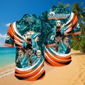Unisex Miami Dolphins Hawaiian Shirt With Horror Movie Characters Jason Freddy Chucky Jigsaw Aqua Orange Tropical Button Down 3 2fab1.jpg - sohemix