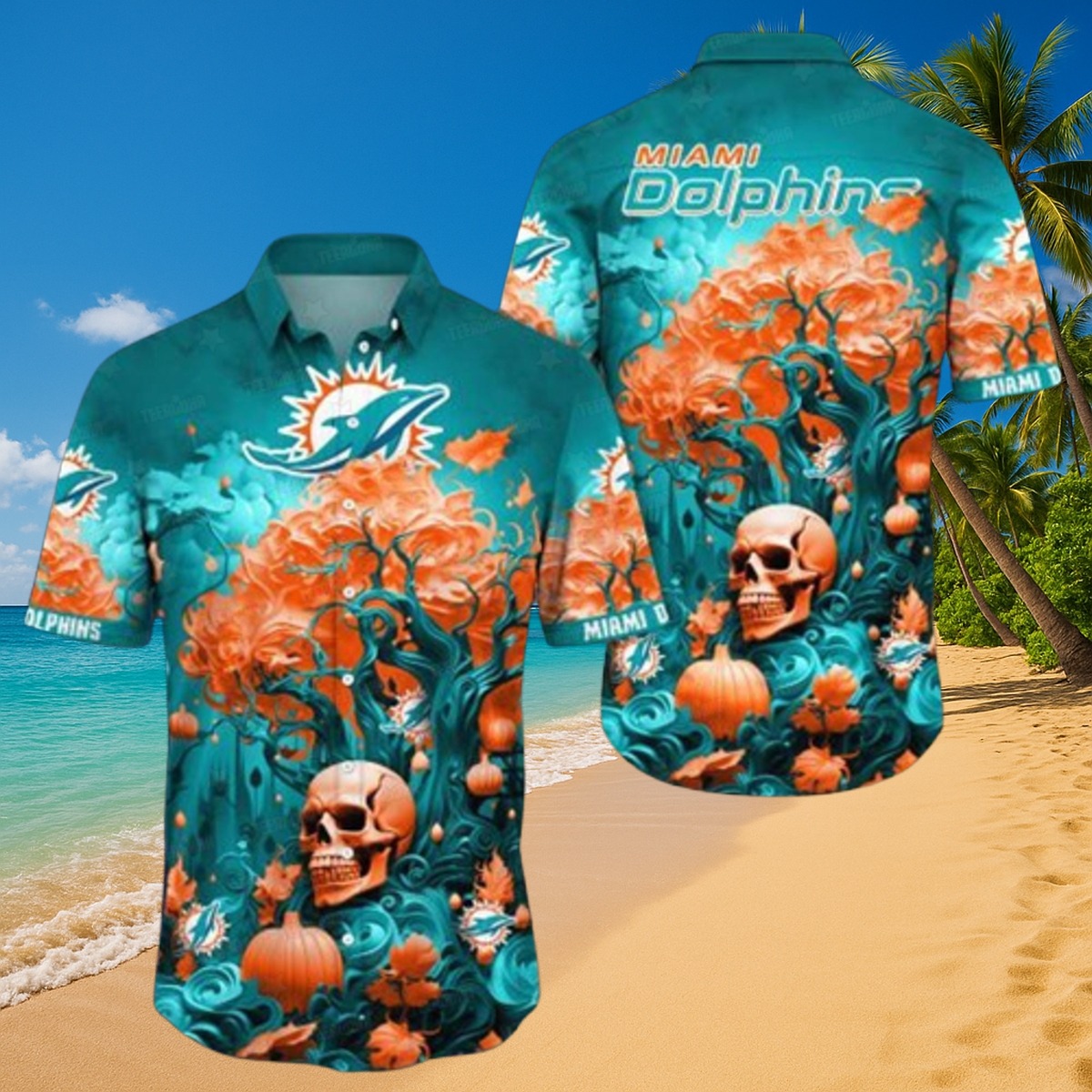 Unisex Miami Dolphins Hawaiian Shirt with Spooky Skulls, Pumpkins Haunted Trees All-Over Print - Halloween Tropical Button-Down