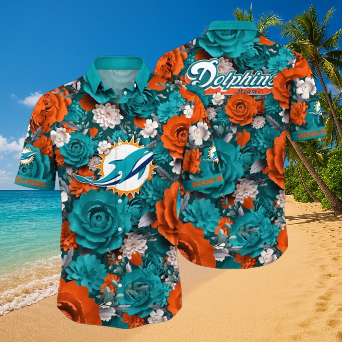 Unisex Miami Dolphins Hawaiian Shirt with Tropical Teal Orange Floral Print Button-Down