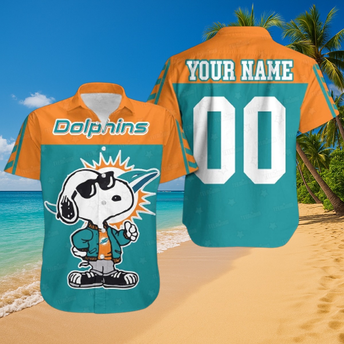 Unisex Miami Dolphins Snoopy Hawaiian Shirt - Custom Name Number Button-Down Tropical Beach Fanwear