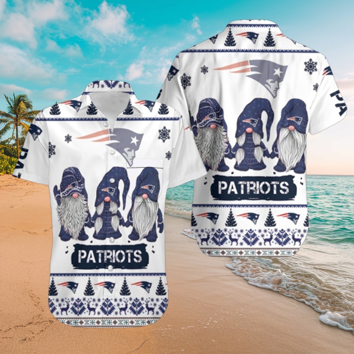 Unisex New England Patriots Gnomes Ugly Christmas Hawaiian Shirt with Festive Snowflakes and Fair Isle Pattern