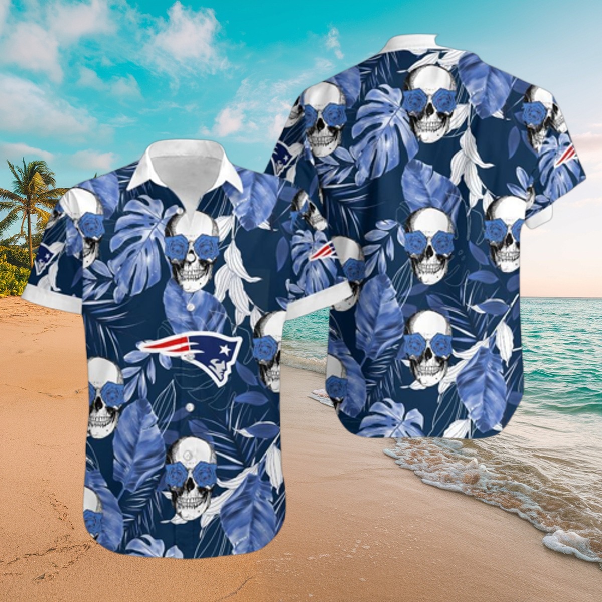 Unisex New England Patriots Hawaiian Shirt with Skulls, Blue Roses Tropical Leaves - Navy Blue Beach Button-Down