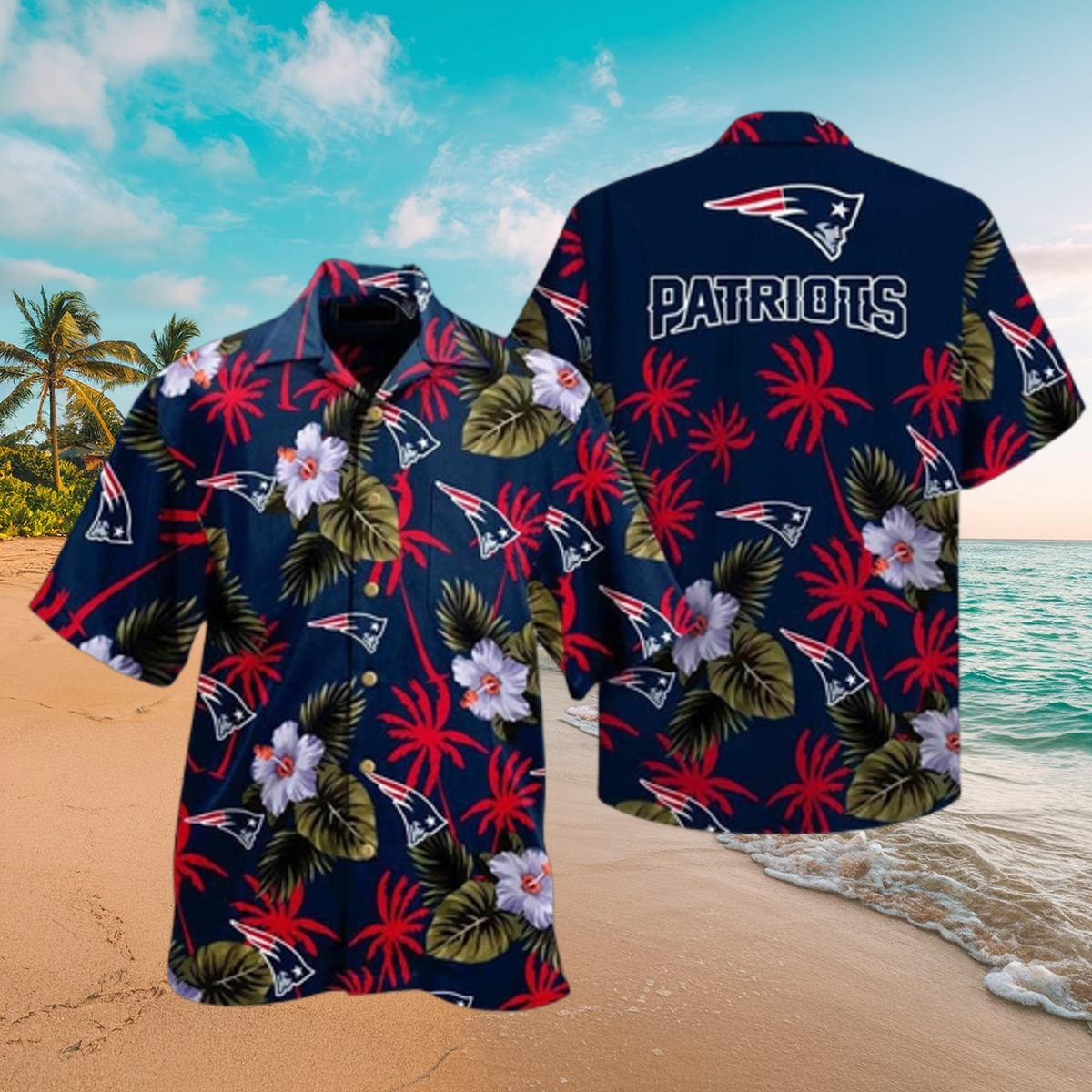 Unisex New England Patriots Tropical Aloha Hawaiian Shirt with Floral and Palm Tree Print - Casual Button-Down