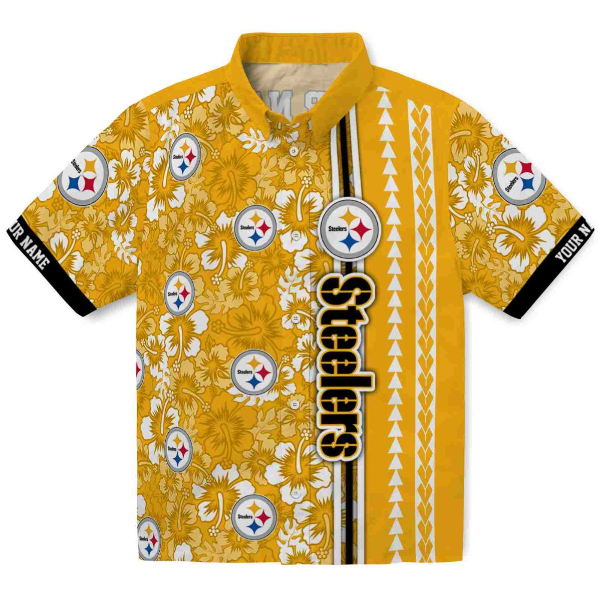 Unisex Personalized Pittsburgh Steelers Hawaiian Shirt with Hibiscus Floral Print, Arrow Stripe, and Custom Name - Aloha Button-Down