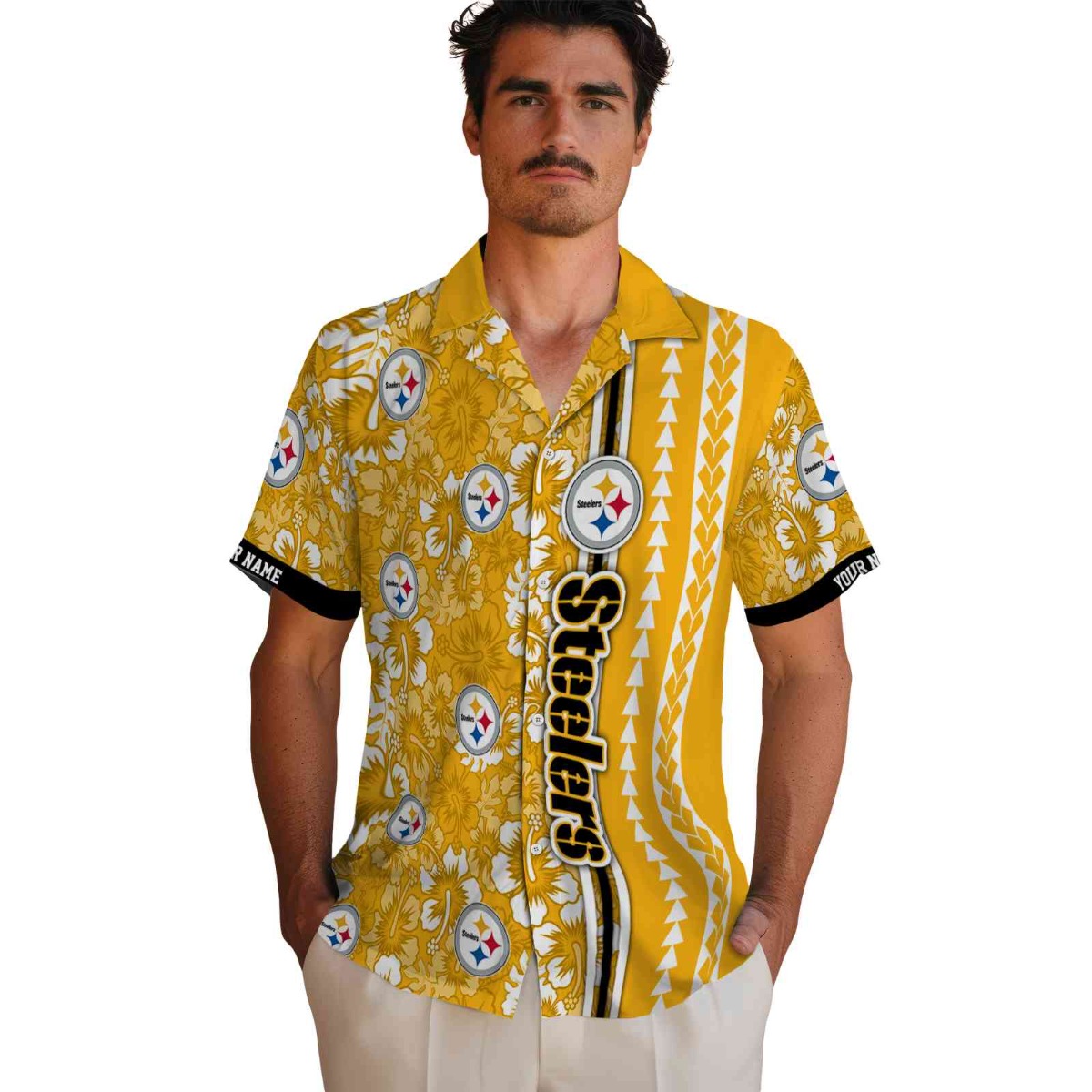 Unisex Personalized Pittsburgh Steelers Hawaiian Shirt with Hibiscus Floral Print, Arrow Stripe, and Custom Name - Aloha Button-Down