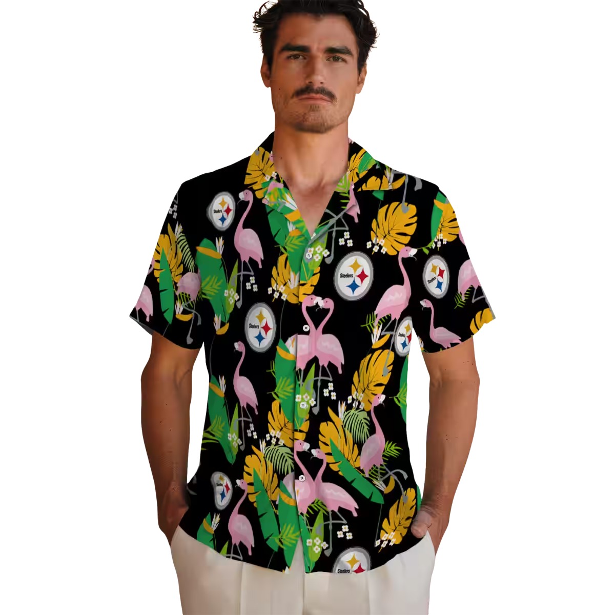 Unisex Pittsburgh Steelers Flamingo Tropical Hawaiian Button-Down Shirt