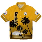 Unisex Pittsburgh Steelers Gold Black Hawaiian Shirt With Beach Sunset Palm Tree Print Tropical Button Down 1 7ttt2.jpg - sohemix